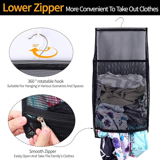 Hanging Collapsible Breathable Mesh laundry bags,Fast Drying Portable Space Saving Laundry Hamper for dorm,Rv Laundry Hamper Storage (Black)