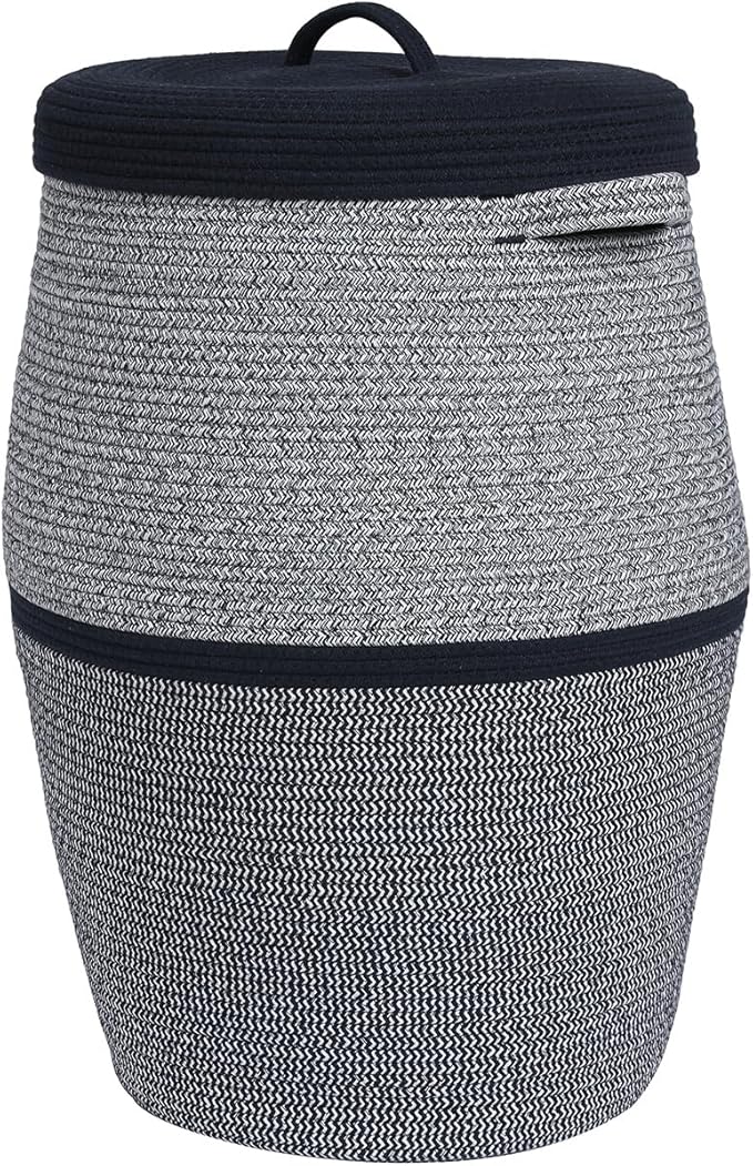 26" x 20" Handcrafted Tall Cotton Rope Basket with Lid, Stylish Flagon Shape with Cover, Clothes Hamper with Top, for Bedroom and Living Room, Two Sides Dark Blue Mix