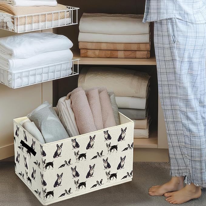 Boston Terrier Gifts Storage Bins & Boxes with Handles, Dog Foldable Basket for Organizing Dog Lovers,Boston Terrier Christmas Collapsible Laundry Hampers for Bedroom Bathroom Clothes Toys Books