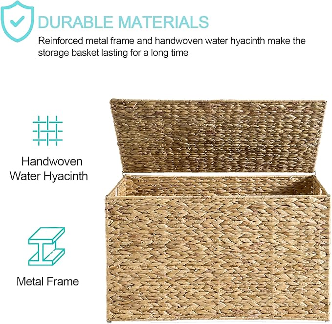 Water Hyacinth Storage Basket with Lid, 42.3 Gallon (160L) Blanket Storage Basket with Handles, Woven Storage Bin, Foldable, Metal Frame, for Bedroom, Laundry Room, Natural