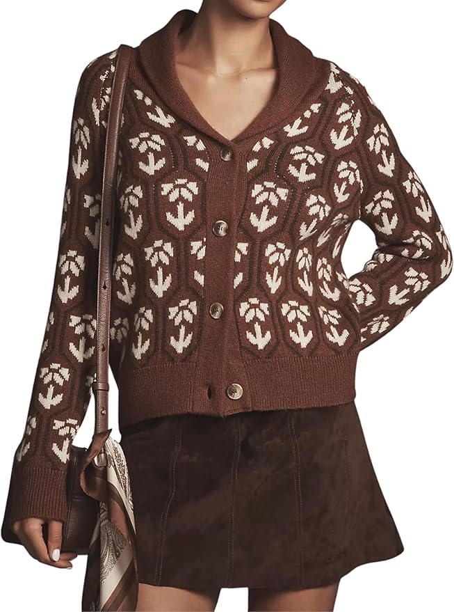 Women Floral Cropped Cardigan Sweaters Shawl Collar Long Sleeve Button Down Knit Jacket Flower Print Knitwear