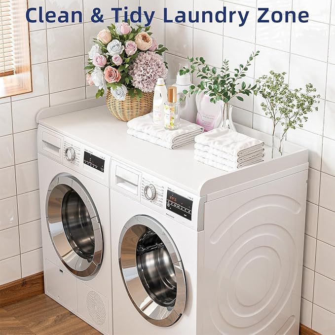 Washer Dryer Countertop, 54" Width x 27.5" Depth Laundry Countertop Organization, Wooden Washer and Dryer Topper for Folding, Sorting & Ironing, Easy to Install, White