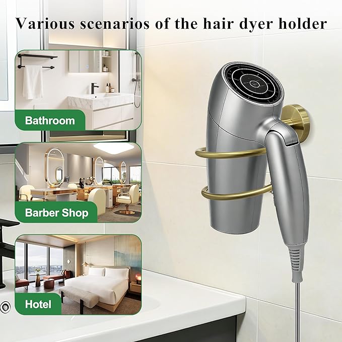 Wall Mounted Hair Dryer Holder,Bronze Finish Bathroom Hair Tool Organizer for Bathroom-Gold