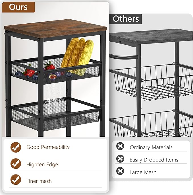Hoctieon Rolling Storage Cart, 4-Tier 11.8" Wide Panel Kitchen Storage Cart, Utility Carts with Handle & Wheels, Mobile Shelving Unit, Metal Frame Narrow Carts for Home Kitchen, Laundry, Rustic Brown
