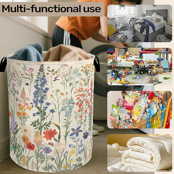 Summer Wild Herbs Large Clothes Hamper Bag - Laundry Basket with Handles, Space Saving Foldable Design for Nursery