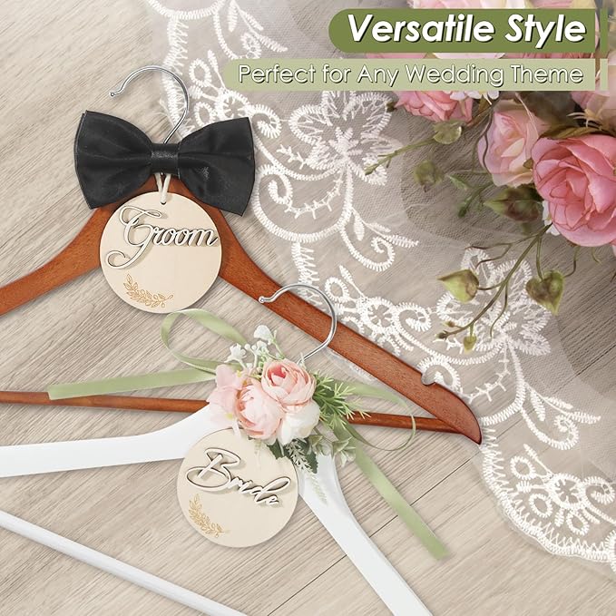 Bride & Groom Hanger with Personalized Name Tags, 2 Pack Dark Wood & White Wood Bridal Dress Hanger for Wedding Day Photos & Gift (Pink & White)