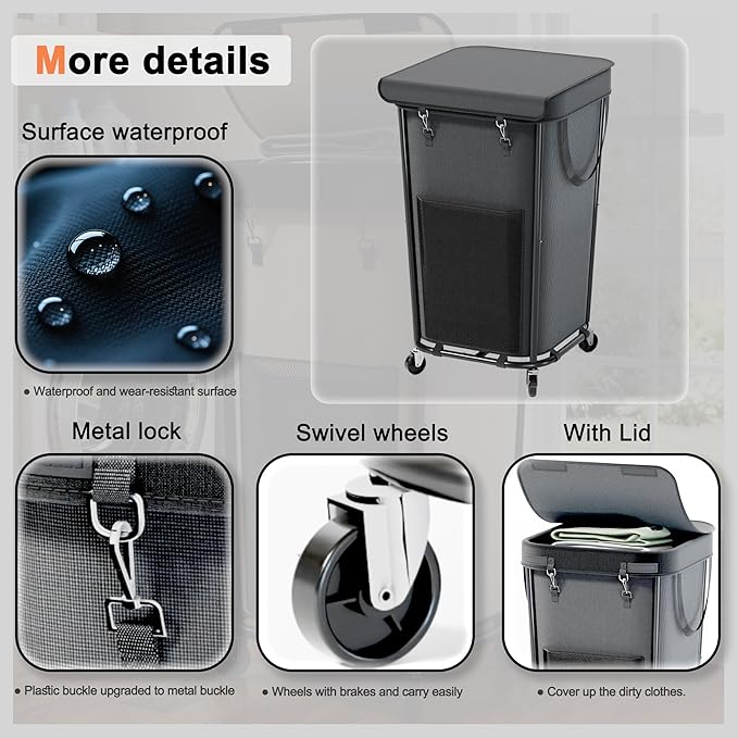 Laundry Basket with Lid and Wheels Rolling Laundry Basket, Removable Laundry Bag Design for Daily Use in Bathrooms and Laundry Rooms (Cover Black, 160L)