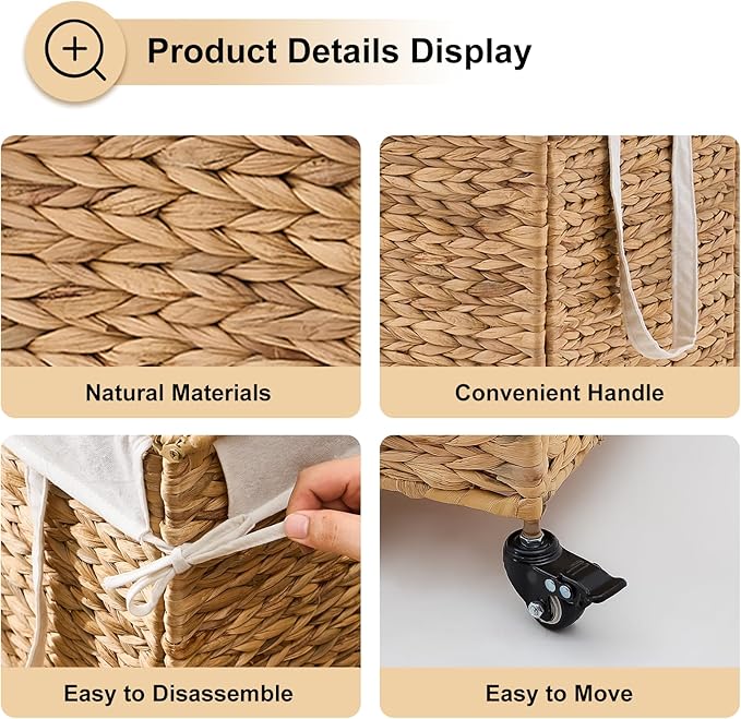 Rolling Laundry Hamper with Wheels, Slim Laundry Basket with Removable Liner Bag & 2 Mesh Bags, Handwoven Water Hyacinth Clothes Hamper for Bedroom Bathroom (Natural, 85L)
