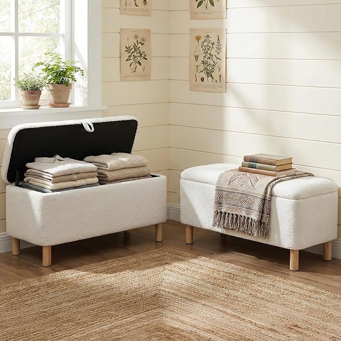 Ottoman with Storage, Storage Ottoman Bench, Entryway Bench with Wood Legs for Living Room, Sitting Area, 2PCS, Cream