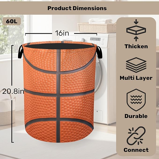 Basketball Laundry Basket with Handles - Extra Large Foldable Hamper for Bathroom/Laundry/Bedroom/Dorm, Washable Fabric Storage Bin