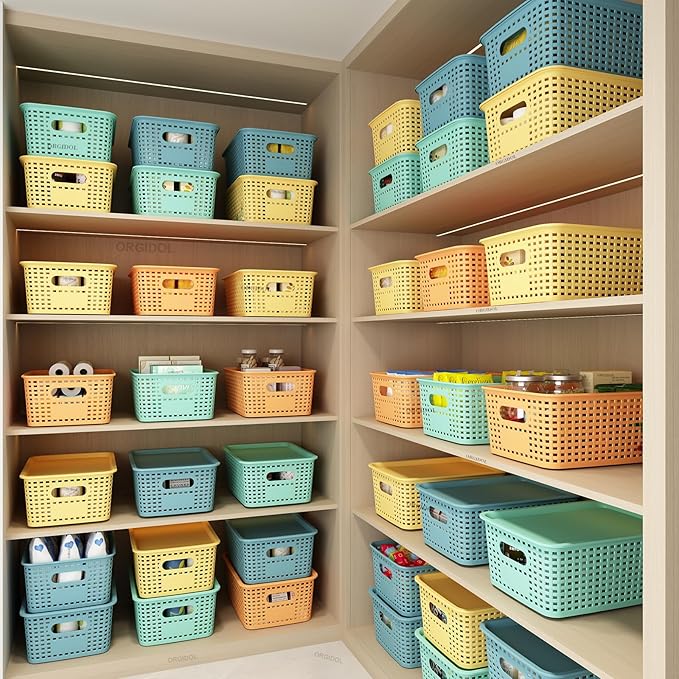 Plastic Storage Basket with Lids 12 Pack Stackable Colorful Storage Bins Containers with Lid, Decorative Storage Boxes for Organizing Shelves, Drawers, Playroom, Classroom, Office, Closet