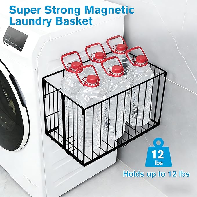Magnetic Collapsible Laundry Basket, Foldable Metal Laundry Hamper for Washing Machine Side, Space Saving Pop Up Hamper, Laundry Room Organization and Storage (Black)