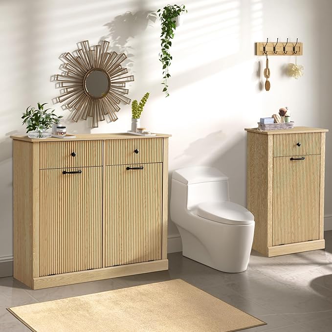 Grepatio Double Laundry Hamper, Tilt Out Laundry Hamper Cabinet, Fluted 22 Gallon Hidden Trash Can, Wooden Garbage Can Cabinet with 2 Drawer, Free Standing for Bathroom, Kitchen (Natural, Double)
