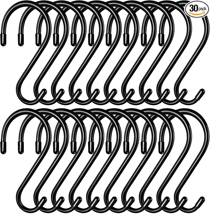 Dreecy 30 Pack 5 Inch S Hooks, Heavy Duty Black Rubber Coated Non Slip Closet S Hooks for Hanging Plants, Clothes, Jeans, Jewelry, Pots, Pans