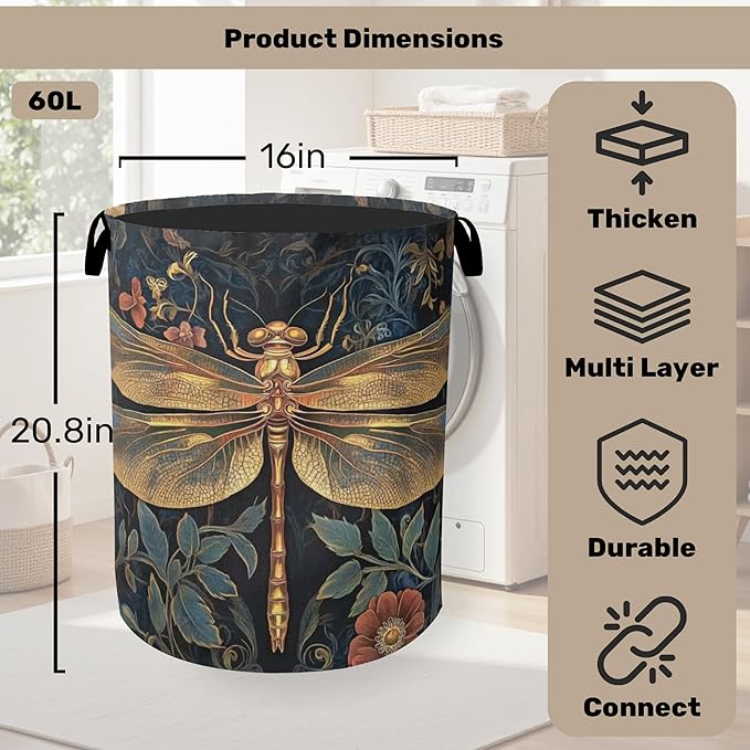 Retro Dragonfly Foldable Laundry Hamper - Waterproof Fabric Storage Basket with Handles, Clothes Hampers for Laundry,Bedroom,Dorm