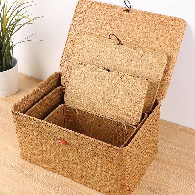 Wicker Shelf Baskets with Lid,Natural Seagrass Storage Basket Boxes Handwoven Rectangular Baskets Bins Multipurpose Home Organizer Decor (Small)