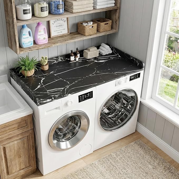 Washer Dryer Countertop, 27.5 x 54 Inch Washer and Dryer Countertop for Laundry Room Organization with Edge Wooden, Black Marble