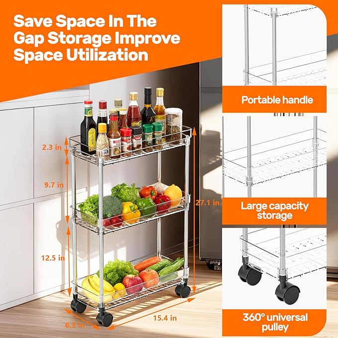 Betoveren 3 Tier Slim Storage Cart with Wheels Slim Rolling Utility Cart Mobile Shelving Units Organizer for Narrow Space in Home Kitchen Bathroom Laundry Room Transparent (Width 6.3 Inches)
