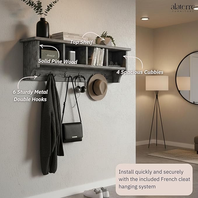 Alaterre Furniture Pomona Entryway Organizer – Rustic Industrial 48-Inch Wall-Mounted Coat Rack with 6 Double Hooks & 4 Open Cubbies – Solid Wood Mudroom Storage for Apartment or Hallway (Slate Grey)