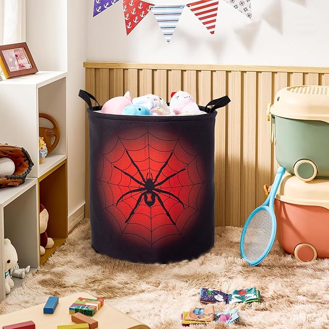 Black Red Spider Laundry Basket Foldable With Handles Tote Bag Waterproof Oxford Cloth Funny Laundry Hamper Clothes Storage Bucket Toy Organizer 43L For Bathroom/Laundry/Bedroom (Spider, 43L)