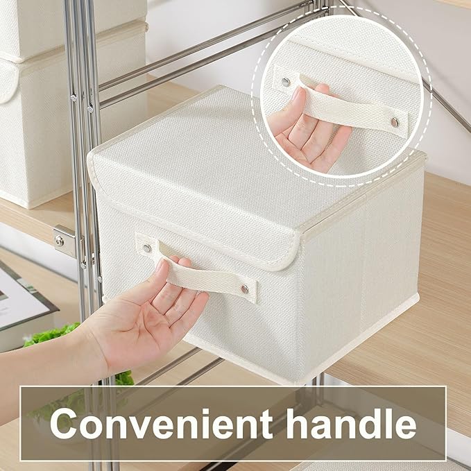 Fabric Storage Bins Cube Organizers with Flip-Top Lid and Handles, Storage Boxes for Organizing Home, Office, and Closet, Beige, 5 Pack 10.2 X 7.9 X 6.7 in