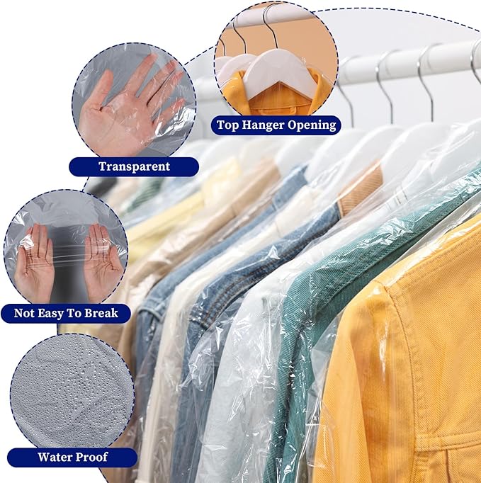 120 Pack Dry Cleaning Bag 60x90cm Plastic Clear Garment Bags for Hanging Clothes, Dry Cleaner Bags Clothing Covers Dust-Proof Clothing Protector Covers for Suits Coats Clothes Hanging and Storage