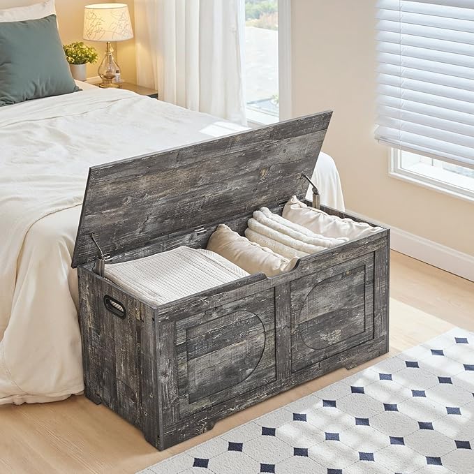 Storage Chest, 39.4” Toy Box, Entryway Storage Trunk, Shoe Bench with Storage, Engineered Wood Storage Cabinet with 2 Safety Hinges, Entrance Bench for Living Room, Vintage Gray SCRP2001