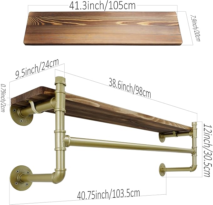 WEBI Wall Mounted Clothes Rack with Shelf,41.3" Industrial Pipe Clothing Rack with Shelf with Hanging Rod,Heavy Duty Iron Garment Rack Bar,Retail Display Clothes Rod for Laundry Room,Closet,Gold