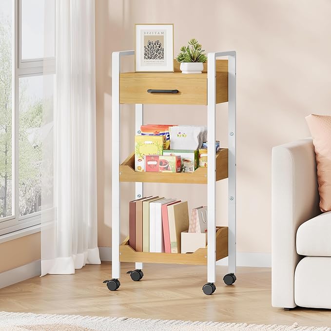 Hoctieon 3-Tier Rolling Storage Cart with Drawer, Rolling Utility Cart Organizer, Mobile Shelving Unit with Wheels, Metal Frame, Kitchen Utility Cart for Small Space, Office, Bathroom, Oak Beige