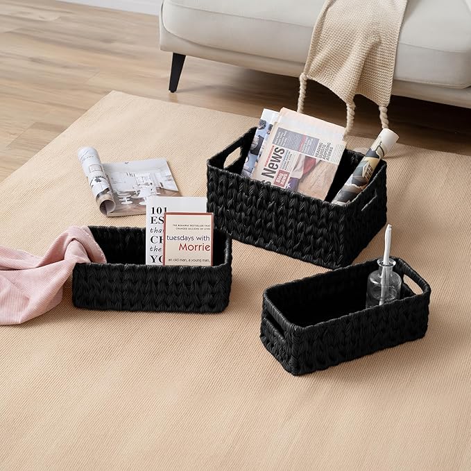 GRANNY SAYS Wicker Baskets for Storage, Wicker Storage Basket for Organizing, Large Woven Baskets, Waterproof Basket for Vanity, Home Decor, Black, 3-Pack