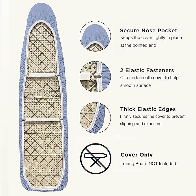 Ironing Board Cover and Pad 15"x54" Extra Thick Natural Cotton, Scorch and Stain Resistant Padding, Standard Size Iron Board Cover with Fasteners Heavy Duty Elastic Edge, Heatproof Blue
