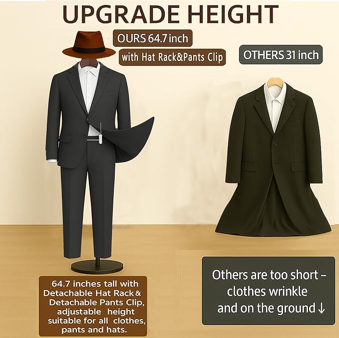 T Shirt Stand Display 26-64.7 Inch with Pants Clip and Hat Rack,Height Adjustable for Long Short Clothes Dress,Display Mannequin for Store,Closet,Photoshoot,Exhibition,Vendors Shop,Parties(1 Brown )