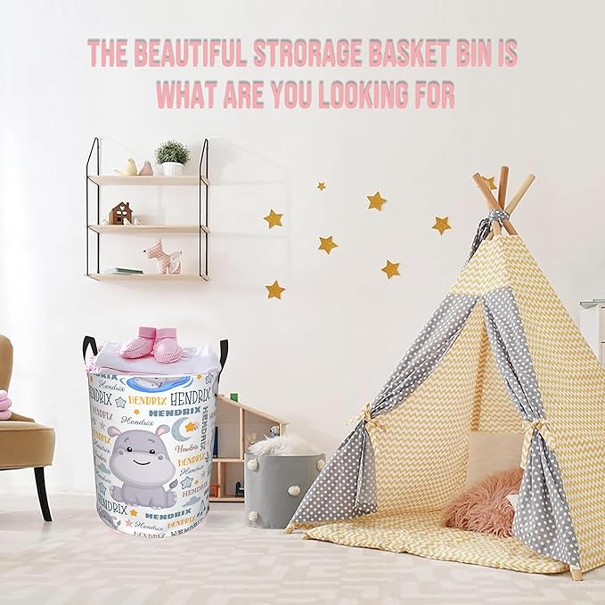 Hippo Laundry Basket,Personalized Laundry Hamper for Boys Girls,Custom Laundry Basket With Name, Customized Dirty Clothes Hamper for Bathroom Bedrooms,M-19.5"X 15.7"