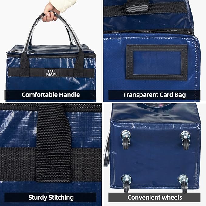 (Small, DK Blue) Reusable Grocery Bag on Wheels, Rolling Shopping Bags with Wheels and Handle, Folding Rolling Tote Trolley, Zipper Cover, Carries Up to 22 LBS, Easy Transportation