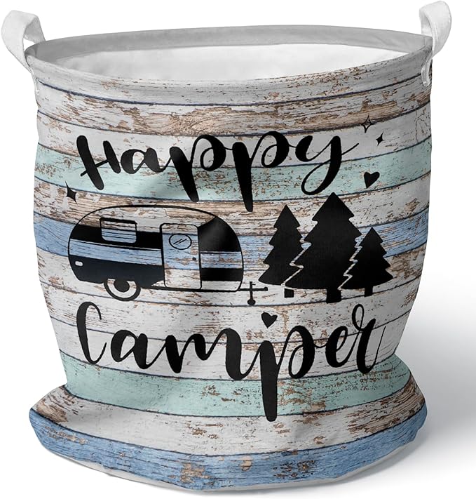 Happy Camping Laundry Basket Foldable With Handles Tote Bag Waterproof Oxford Cloth Blue Funny Laundry Hamper Clothes Storage Bucket Toy Organizer 43L For Bathroom/Laundry/Bedroom (Camping, 43L)