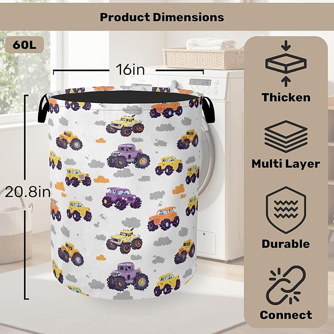 Vehicle Pattern Foldable Canvas Laundry Basket with Handles - Toy Organizer, Heavy Duty for Home，Bedroom, Dorm, Bathroom
