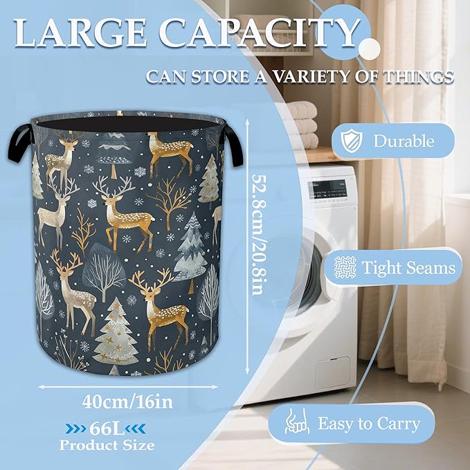 Woodland Deer Laundry Basket Collapsible Laundry Hamper, Oxford Cloth Storage Bin for Room/Bathroom/Bedroom/Dormitories 16" X 20.8"