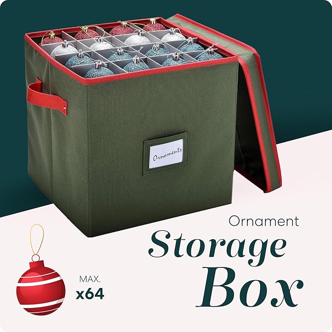 Handy Laundry Christmas Ornament Storage - Stores upto 64 Holiday Ornaments, Adjustable Dividers, Two Handles. Storage Box Keeps Holiday Decorations Clean and Dry for Next Season. (Green)