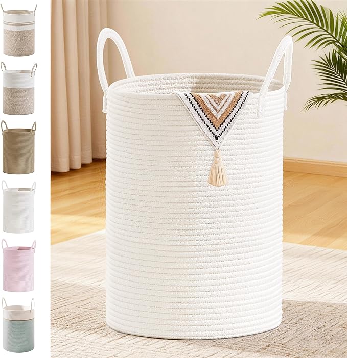 Tall Laundry Basket with Handles, 72L Portable Dirty Clothes Hamper, Boho Cotton Rope Storage Bin for Blankets Kids Toys Gifts, Large Organizer for Baby Nursery Bedroom Bathroom, White