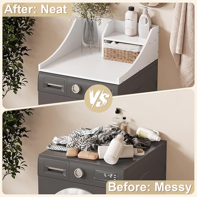 Washer Dryer Countertop Single, 27'' Wood Dryer Top Organizer 2-Tier Laundry Room Storage Shelf for Top of Washer and Dryer, White