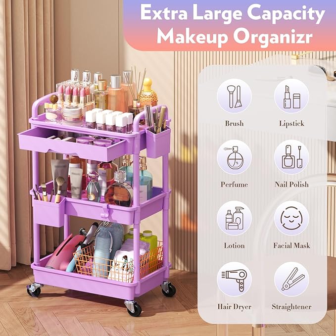 Makeup Cart Organizer with Drawers, Floor Skincare Organizers Vanity Storage Organizer, Rolling Makeup Bathroom Storage Cart Cosmetics Display Cases for Skin Care Perfume Nail Polish, Purple