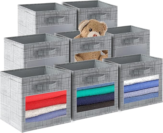 SUOCO Cube Storage Bins with Clear Window, Foldable Fabric Baskets Boxes for Shelf Closet Organizer, Nursery and Kids Room, 8 Pack, Grey