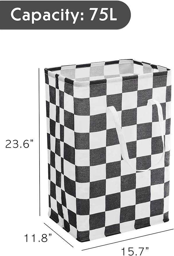 Checkered Laundry Hamper, Pack of 2, Large Black White Aesthetic Collapsible Cloth Hampers Basket for Storage Organization Cute Race Cars Boy Room Decor, 2 x 75L