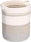 Sea Team Large Size Cotton Rope Woven Storage Basket with Handles, Laundry Hamper, Fabric Bucket, Drum, Clothes Blankets Organizer for Kid's Room, 18 x 20 inches, Round Open Design, White & Khaki