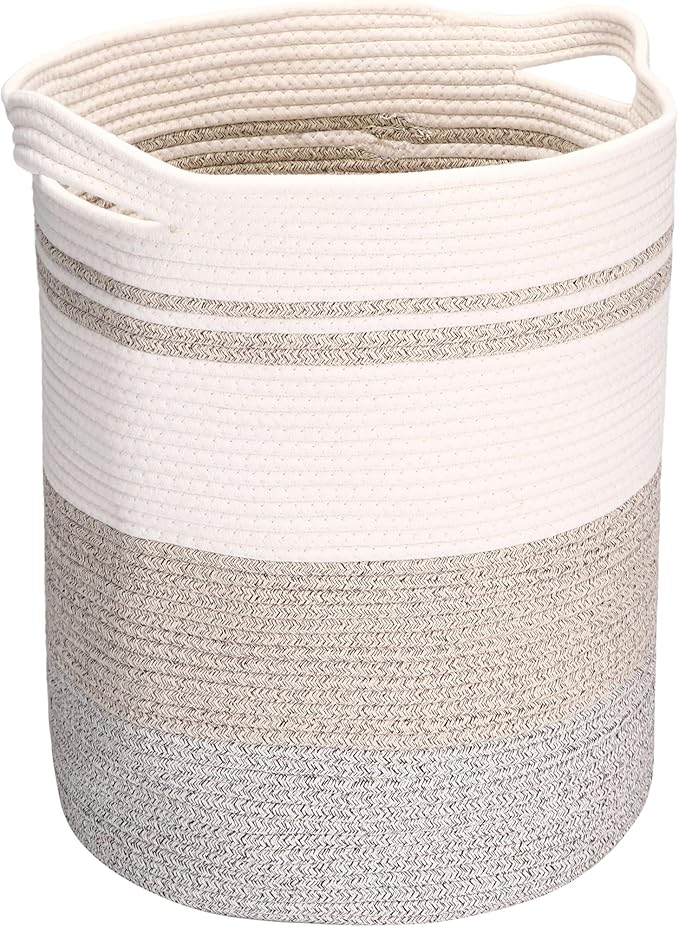 Sea Team Large Size Cotton Rope Woven Storage Basket with Handles, Laundry Hamper, Fabric Bucket, Drum, Clothes Blankets Organizer for Kid's Room, 18 x 20 inches, Round Open Design, White & Khaki