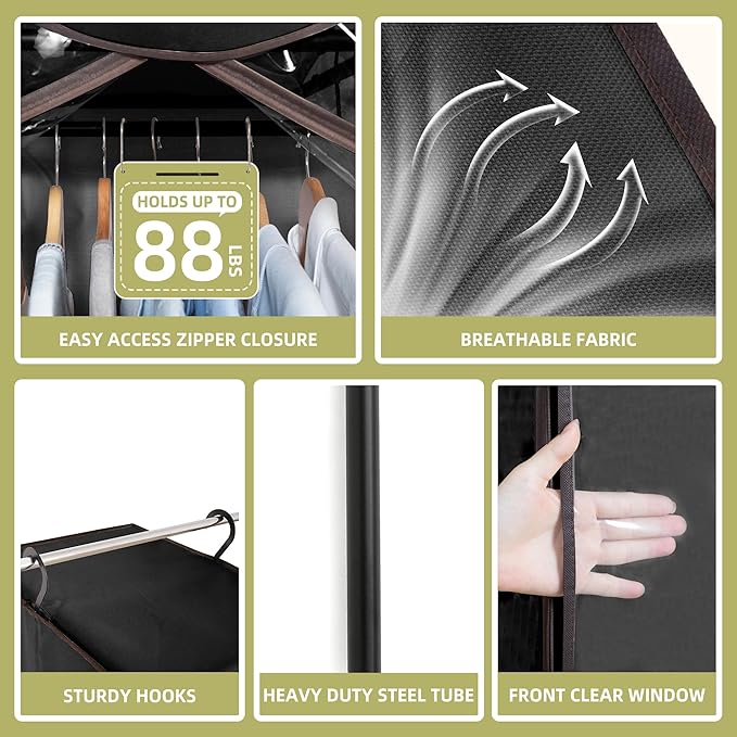Garment Bags for Hanging Clothes Storage, Long Garment Cover with Zippered Clear Window for Closet Wardrobe Clothes Rack Organizer, Hanging Garment Bags for Dresses, Suits, 1 Pack, Black
