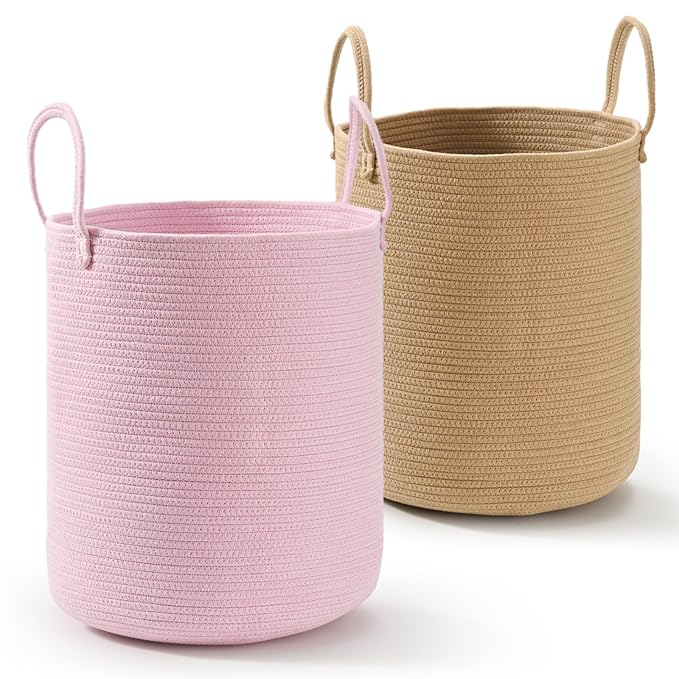 2-Pack Extra Large Cotton Rope Hamper Baskets – 15"x18" Oversized Woven Storage Bins for Blankets, Toys, Dirty Clothes – Pink & Beige Decorative Hamper for Nursery, Living Room, Laundry Room