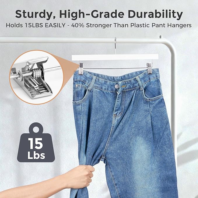 HOUSE DAY Premium Wooden Pants Skirts Hangers, Solid Wood Trousers Bottom Hanger with 2-Adjustable Clips, Clip Hangers for Slacks, Jeans, Shorts (White, Pack of 100)