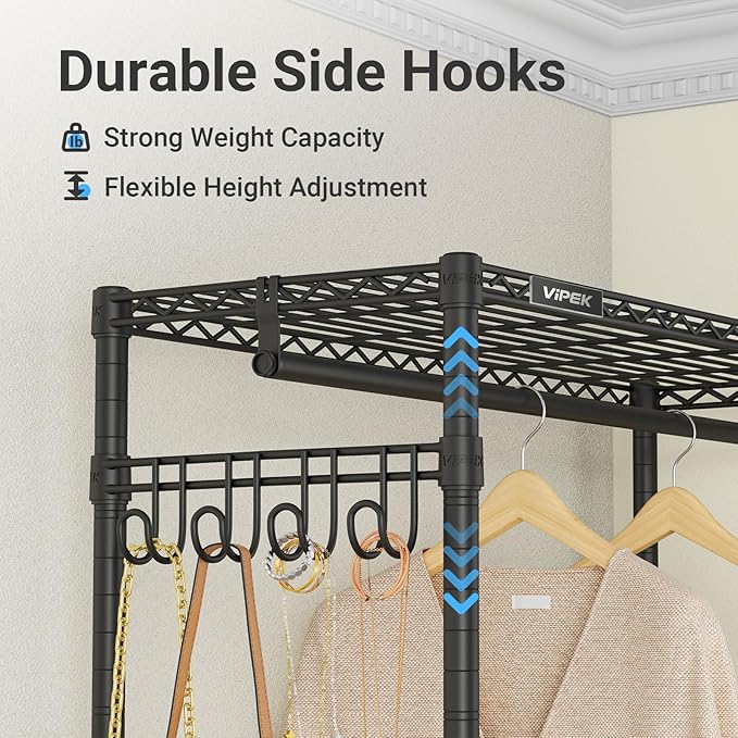 VIPEK R3 Medium Rolling Clothes Racks with Lockable Wheels, Heavy Duty Garment Rack with Adjustable Shelves & Hanging Rod & Side Hooks, Compact Space-Saving Storage for Small Apartments/Dorms (Black)