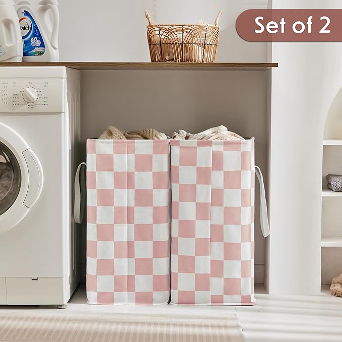 Checkered Laundry Hamper, Pack of 2, Large Pink Collapsible Cloth Hampers Basket for Storage Girls Wome Organization Cute Aesthetic, 2 x 75L